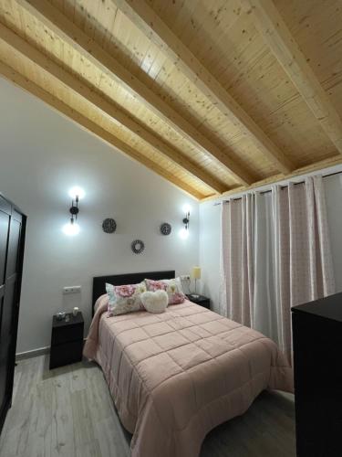 1 dormitorio con 1 cama grande con sábanas rosas en Casa Delia, en Bornos