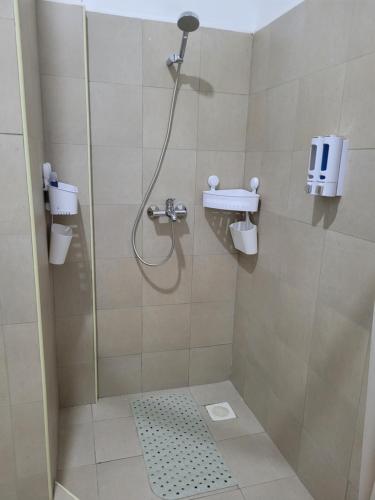 a bathroom with a shower with a sink and a shower at Decent and cosy one bed flat - Bella Vista in Entebbe