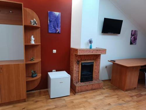 ein Wohnzimmer mit einem Kamin und einem Schreibtisch in der Unterkunft Hotel Daniel in Mukatschewo
