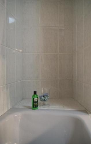 a green bottle of soap sitting on top of a bath tub at Estrela de mar in O Grove