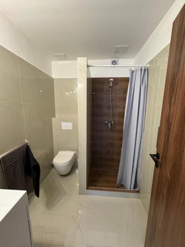 W łazience znajduje się toaleta oraz prysznic z zasłoną prysznicową. w obiekcie Boomerang Hostel w Budapeszcie