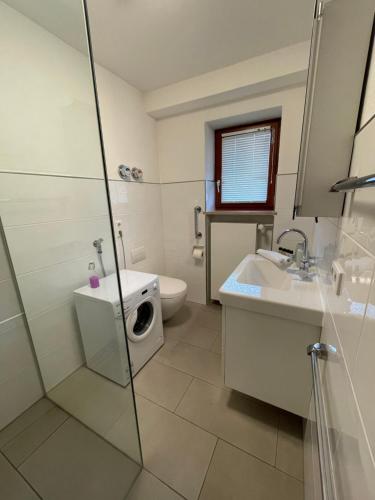 uma casa de banho com um WC, um lavatório e um chuveiro em Apartment Weßling em Wessling