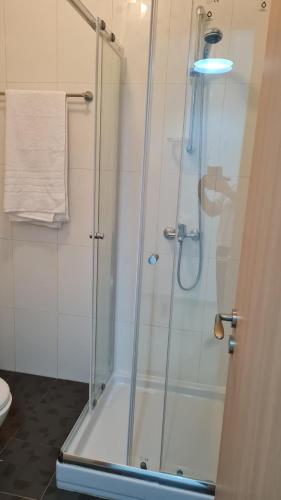 a shower with a glass door in a bathroom at The Olive Grove Escape, Eleonas Apts in Sotira