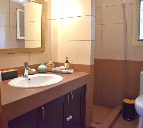 a bathroom with a sink and a mirror and a toilet at Sunset View Residence in Markópoulon