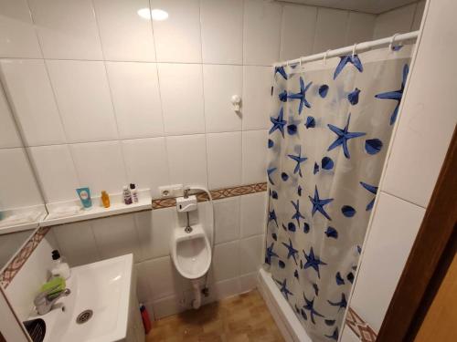 y baño con aseo, lavabo y ducha. en Love Apartments en Barcelona