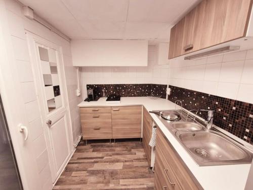 une petite cuisine avec un évier et un comptoir dans l'établissement LE PARC Authentique Coeur de Ville Proximité Parking Climatisé, à Sète