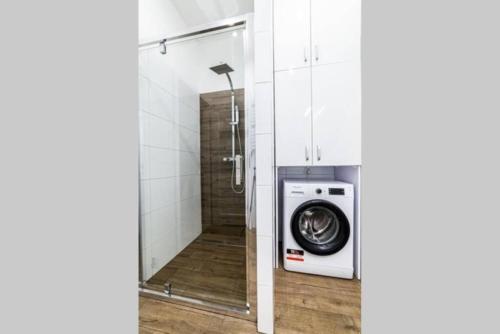La salle de bains est pourvue d'une douche et d'un lave-linge. dans l'établissement Apartament Staszica, à Radom