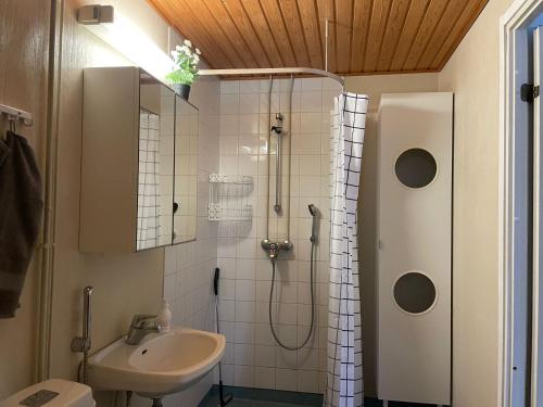 a bathroom with a shower and a sink at Rauhallinen rivitalon pääty in Porvoo
