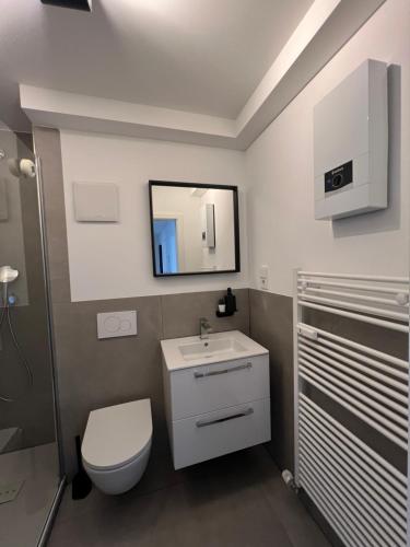 a bathroom with a toilet and a sink and a mirror at Design Wohnung im Zentrum von Koblenz in Koblenz