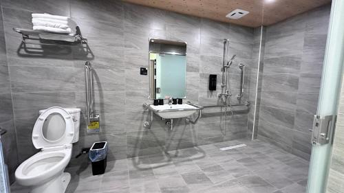 a bathroom with a toilet and a sink and a shower at Dafong Hotel in Zhongzheng