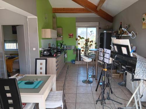 une cuisine aux murs verts et une chambre avec une table dans l'établissement Bel appartement dans le Vaucluse, à Sorgues