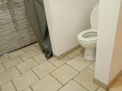 une salle de bain avec des toilettes blanches et une douche dans l'établissement studio en rez-de-jardin, à Gien