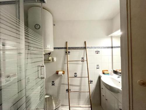 une salle de bain avec douche et lavabo dans l'établissement L'escale à deux pas de la mer, à Bretignolles-sur-Mer