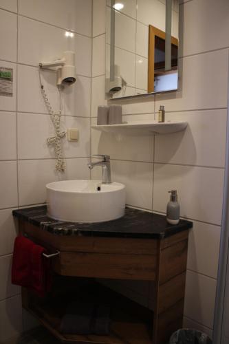 a bathroom with a sink and a mirror at Gasthaus zum Stausee in Grafenau