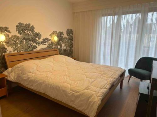 une chambre avec un lit, une chaise et une fenêtre dans l'établissement Appartement Val Malo, à Dinard