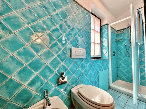 y baño de azulejos azules con aseo y ducha. en Sea View Mucchi Bianchi, en Baja Sardinia