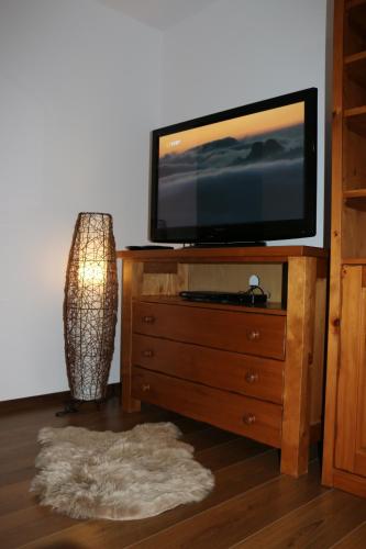 a flat screen tv sitting on top of a wooden dresser at Vila Pohoda Javorníky s rozľahlým pozemkom in Makov