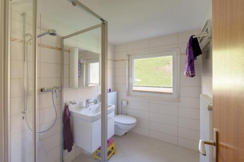 ツェルマットにあるHaus Alpsegenのバスルーム(トイレ、シャワー、シンク付)