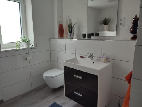 a white bathroom with a toilet and a sink at Ferienwohnung am Rittergut in Grebenstein