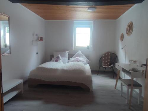 a bedroom with a bed and a desk and a window at Ferienwohnung am Rittergut 100qm in Grebenstein