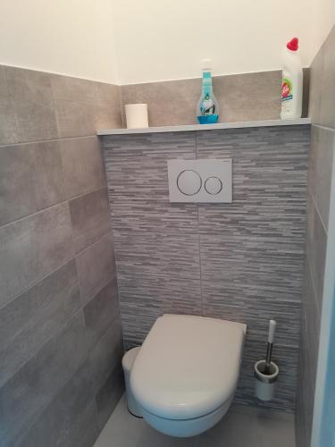 a bathroom with a toilet and a tile wall at Chez Maryline in Chalonnes-sur-Loire