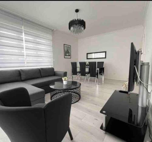a living room with a couch and a tv at Appartement des 3 pays. 2 mn de Bâle+ Free parking in Saint-Louis