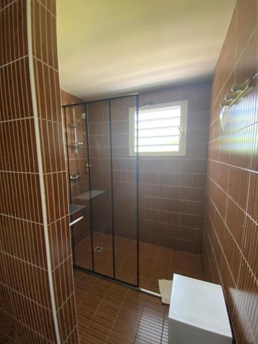 a bathroom with a shower and a toilet at Hôtel Le Soleil Couchant in Saint-Pierre