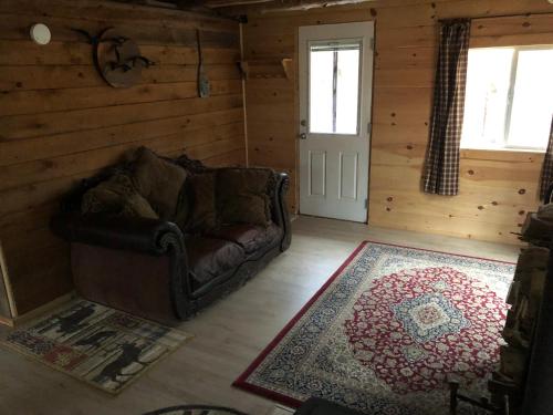 a living room with a couch and a rug at Camp Rhino in Remsen