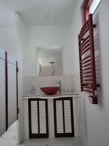 ein Bad mit einem Waschbecken und einem Spiegel in der Unterkunft Gîte bord de loire in Saint-Clément-des-Levées