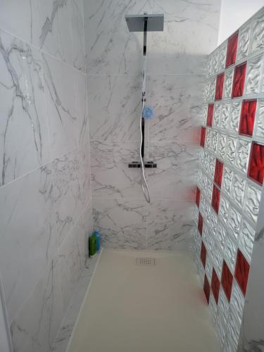 ein Bad mit einer Dusche und weißen Marmorwänden in der Unterkunft Gîte bord de loire in Saint-Clément-des-Levées