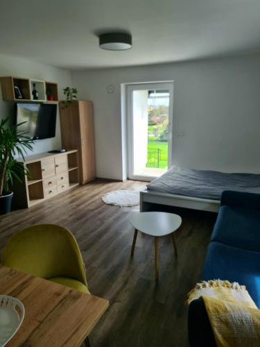 Habitación con cama, sofá y mesa. en Rooms and apartments Vili en Ptuj