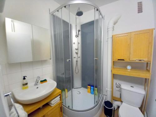 une salle de bain avec une douche, des toilettes et un lavabo dans l'établissement Appartement 28m2 avec balcon proche gare SNCF, café thé WIFI gratuits - Netflix - Balcon, à Orléans