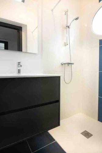 une salle de bain avec une douche, un lavabo et un miroir dans l'établissement La Petite Croisée - extérieur et plage, à Châtelaillon-Plage