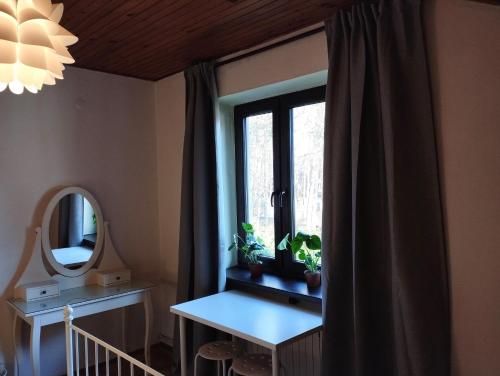 Habitación con ventana, mesa y espejo. en Nest 4 Rest, en Konstancin-Jeziorna