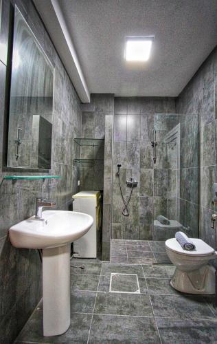 a bathroom with a sink and a toilet and a shower at Aquamarine Apartments in Paleo Tsifliki