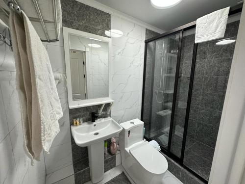 a bathroom with a toilet and a sink and a shower at Вояж in Taraz