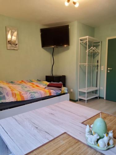 a bedroom with a bed and a flat screen tv at Studio-Apartment mit kleinem Gartenanteil in Burg auf Fehmarn