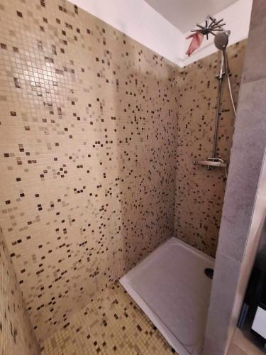 La salle de bains est pourvue d'une douche et d'un mur carrelé. dans l'établissement Bel appartement moderne avec piscine, à Hyères