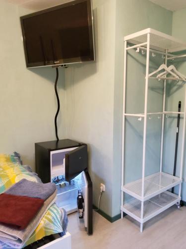 a bedroom with a bed and a tv and a shelf at Studio-Apartment mit kleinem Gartenanteil in Burg auf Fehmarn