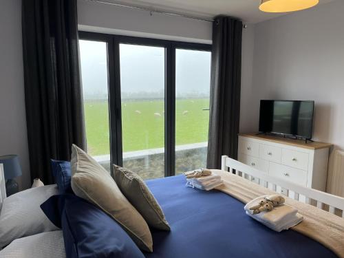 a bedroom with a bed with a large window at Genesis 1 bed cottage in Tunstall