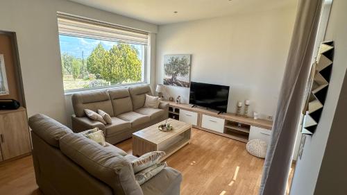 a living room with a couch and a tv at Grey Haven Luxury Villa in Stérnai