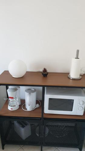 d'un comptoir de cuisine avec un four micro-ondes et des appareils électroménagers. dans l'établissement La campagne à 5 minutes de Tours., à Fondettes