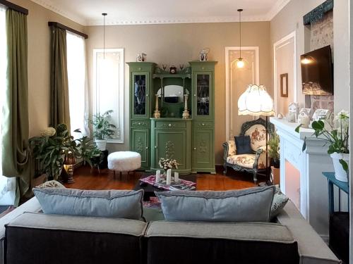 sala de estar con sofá y armario verde en Deja-View house, en Tiflis