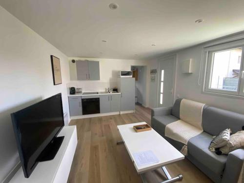 un salon avec un canapé et une télévision à écran plat dans l'établissement La maisonnette, à Franconville