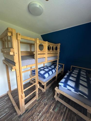 two bunk beds in a room with blue walls at Heidewohnung in Soltau