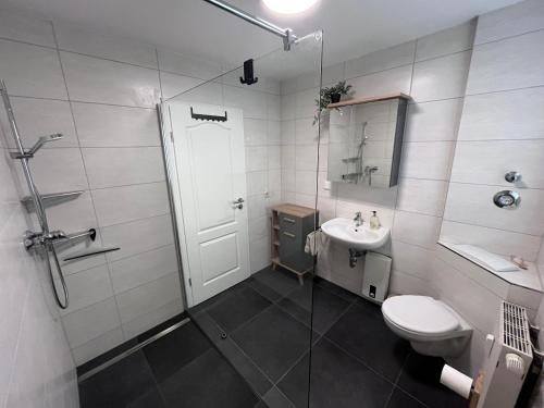 e bagno con servizi igienici, lavandino e doccia. di Familie-und-Meer-2-Badezimmer-3-Schlafzimmer-Strandnah-im-Ostseebad-Baabe-Baabe a Baabe