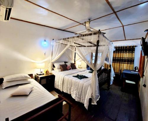 米瑞莎的住宿－藍海別墅，一间卧室配有两张床和一张天蓬床。