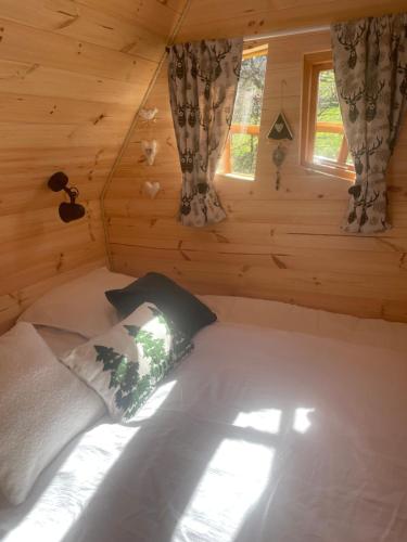 1 cama en una cabaña de madera con 2 ventanas en Cabane Insolite Cosy, en Ramonchamp