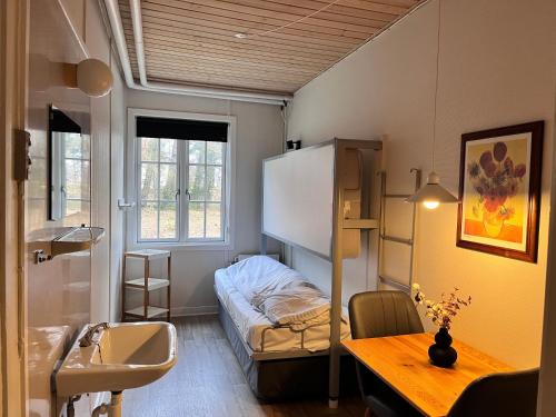 Cette petite chambre comprend des lits superposés et un bureau. dans l'établissement Rønne Vandrerhjem, à Rønne