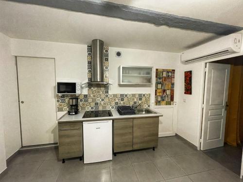 聖洛朗德拉薩朗屈埃的住宿－La galerie du peintre，厨房配有水槽和炉灶